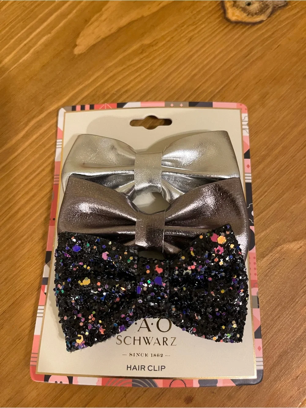 FAO Schwarz Metallic Silver and Black Glitter Bow Hair Clips